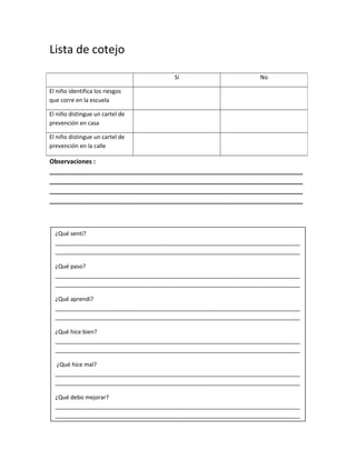 Lista de cotejo 
Sí No 
El niño identifica los riesgos 
que corre en la escuela 
El niño distingue un cartel de 
prevención en casa 
El niño distingue un cartel de 
prevención en la calle 
Observaciones : 
_________________________________________________________________________ 
_________________________________________________________________________ 
_________________________________________________________________________ 
_________________________________________________________________________ 
¿Qué sentí? 
_____________________________________________________________________________ 
_____________________________________________________________________________ 
¿Qué paso? 
_____________________________________________________________________________ 
_____________________________________________________________________________ 
¿Qué aprendí? 
_____________________________________________________________________________ 
_____________________________________________________________________________ 
¿Qué hice bien? 
_____________________________________________________________________________ 
_____________________________________________________________________________ 
¿Qué hice mal? 
_____________________________________________________________________________ 
_____________________________________________________________________________ 
¿Qué debo mejorar? 
_____________________________________________________________________________ 
_____________________________________________________________________________ 
