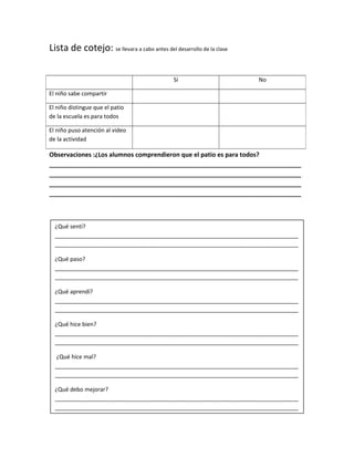 Lista de cotejo: se llevara a cabo antes del desarrollo de la clase 
Sí No 
El niño sabe compartir 
El niño distingue que el patio 
de la escuela es para todos 
El niño puso atención al video 
de la actividad 
Observaciones :¿Los alumnos comprendieron que el patio es para todos? 
_________________________________________________________________________ 
_________________________________________________________________________ 
_________________________________________________________________________ 
_________________________________________________________________________ 
¿Qué sentí? 
_____________________________________________________________________________ 
_____________________________________________________________________________ 
¿Qué paso? 
_____________________________________________________________________________ 
_____________________________________________________________________________ 
¿Qué aprendí? 
_____________________________________________________________________________ 
_____________________________________________________________________________ 
¿Qué hice bien? 
_____________________________________________________________________________ 
_____________________________________________________________________________ 
¿Qué hice mal? 
_____________________________________________________________________________ 
_____________________________________________________________________________ 
¿Qué debo mejorar? 
_____________________________________________________________________________ 
_____________________________________________________________________________ 
