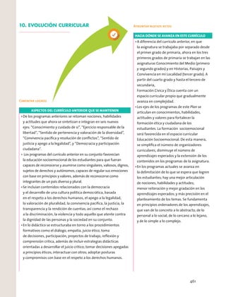 ASPECTOS DEL CURRÍCULO ANTERIOR QUE SE MANTIENEN
Cimentar logros
HACIA DÓNDE SE AVANZA EN ESTE CURRÍCULO
Plan
Afrontar nuevos retos10. EVOLUCIÓN CURRICULAR
461
 