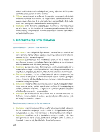nos inclusivos, respetuosos de la legalidad, justos y tolerantes, en los que los
conﬂictos se solucionen de forma pacíﬁca.
6. Valorar su pertenencia a un Estado democrático que garantiza la justicia
mediante normas e instituciones y el respeto de los derechos humanos, los
cuales regulan el ejercicio de la autoridad y las responsabilidades de la ciuda-
danía para participar activamente en los asuntos públicos.
7. Participar en las decisiones y acciones para modiﬁcar su entorno escolar, el
de la localidad y el del municipio de manera organizada, responsable, infor-
mada, crítica y comprometida, en favor del bienestar colectivo y en defensa
de la dignidad humana.
3. PROPÓSITOS POR NIVEL EDUCATIVO
Propósitos para la educación primaria
1. Fortalecer la identidad personal y colectiva a partir del reconocimiento de sí
como persona digna y valiosa, capaz de prevenir y protegerse ante situacio-
nes que atenten contra su integridad.
2. Reconocer que el ejercicio de la libertad está orientado por el respeto a los
derechos que se ponen en práctica en la convivencia diaria, al asumir compro-
misos que favorecen el desarrollo personal y social.
3. Reconocerquelapertenenciaadistintosgrupossociales,caracterizadosporsu
diversidad, contribuye a la conformación de la identidad y promueve relaciones
respetuosas, empáticas, equitativas, interculturales y libres de discriminación.
4. Distinguir acciones y hechos en la convivencia que son congruentes con
una cultura de paz y que se oponen a cualquier tipo de violencia, para pro-
mover el respeto a la dignidad y derechos humanos mediante acciones en
sus espacios de participación.
5. Establecer relaciones interpersonales basadas en la cultura de paz en el con-
texto personal, social y político para afrontar conﬂictos de manera justa y no
violenta, mediante el respeto a la dignidad de la persona y habilidades como
el diálogo, la cooperación y la negociación.
6. Participar en la construcción de acuerdos para la toma de decisiones co-
lectivas e implementación de acciones que contribuyan al bien común en la
escuela y los contextos cercanos.
Propósitos para la educación secundaria
1. Participar en acciones que contribuyan a fortalecer su dignidad, a desarro-
llar sus potencialidades y capacidades, a cuidar su salud y el bienestar perso-
nal y colectivo, con base en el ejercicio de su derecho al desarrollo integral.
2. Reconocer que el ejercicio de la libertad en asuntos personales y colectivos
está garantizado por el Estado, con base en principios como la justicia, la
igualdad, el respeto a la dignidad y los derechos humanos.
438
 