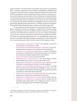 ciones acertadas.154
De esta manera, la formación cívica y ética en la educación
básica se orienta a desarrollar en los estudiantes capacidades y habilidades que
les permitan tomar decisiones asertivas, elegir entre opciones de valor, encarar
conﬂictos, participar en asuntos colectivos; y actuar conforme a principios y va-
lores para la mejora personal y el bien común, teniendo como marco de referen-
cia los derechos humanos y los principios democráticos. Su desarrollo demanda
un ejercicio práctico, tanto en situaciones de su vida diaria como ante proble-
mas sociales que representan desafíos de complejidad creciente. Asimismo, los
aprendizajes logrados pueden generalizarse a múltiples situaciones y enriquecer
la perspectiva de los estudiantes sobre sí mismos y el mundo en que viven.
En ese sentido, la función del docente es esencial para promover apren-
dizajes, mediante el diseño de estrategias y la aplicación de situaciones didác-
ticas que contribuyan a que los estudiantes analicen, reﬂexionen y contrasten
puntos de vista sobre diversos contenidos, para que sean capaces de distinguir
conocimientos, creencias, preferencias e información que proporcionan distin-
tos medios. Así avanzarán paulatinamente en su capacidad para asumir com-
promisos en beneﬁcio del interés colectivo, favoreciendo con ello el desarrollo
de su razonamiento y juicio ético. Por ello, el docente de la asignatura debe:
de actitudes y relaciones
democráticas en la convivencia escolar.
de la socie-
dad que pueden vincularse con los intereses de los estudiantes.
, es decir, la búsqueda,
el análisis y la interpretación de información que lleve a los estudian-
tes a cuestionar y analizar aspectos de la vida cotidiana.
y actuar consecuentemente.
de participar y ofrecer
oportunidades para mejorar su entorno personal y social.
que
fortalezcan la autonomía y el sentido crítico del estudiante.
a lo largo
del ciclo escolar para el desarrollo de habilidades cívicas, en los cua-
les se aplique lo aprendido en la propia asignatura, además de poder
vincularlo con otras áreas del conocimiento.
, personales o
de grupo, que requieren de una intervención oportuna.
como una labor colectiva.
para la comprensión de
conceptos clave relacionados con la asignatura y llevar a cabo un
ejercicio metacognitivo para consolidar el aprendizaje.
154
Reimers, Fernando M. y Connie K. Chung (eds.), Enseñanza y aprendizaje en el siglo XXI.
Metas, políticas educativas y currículo en seis países, México, FCE, 2016, p. 21.
440
 