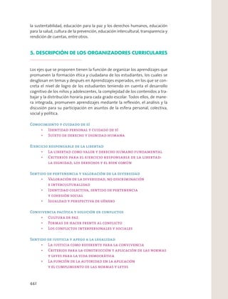 la sustentabilidad, educación para la paz y los derechos humanos, educación
para la salud, cultura de la prevención, educación intercultural, transparencia y
rendición de cuentas, entre otros.
5. DESCRIPCIÓN DE LOS ORGANIZADORES CURRICULARES
Los ejes que se proponen tienen la función de organizar los aprendizajes que
promueven la formación ética y ciudadana de los estudiantes, los cuales se
desglosan en temas y después en Aprendizajes esperados, en los que se con-
creta el nivel de logro de los estudiantes teniendo en cuenta el desarrollo
cognitivo de los niños y adolescentes, la complejidad de los contenidos a tra-
bajar y la distribución horaria para cada grado escolar. Todos ellos, de mane-
ra integrada, promueven aprendizajes mediante la reﬂexión, el análisis y la
discusión para su participación en asuntos de la esfera personal, colectiva,
social y política.
Conocimiento y cuidado de sí
Ejercicio responsable de la libertad
Sentido de pertenencia y valoración de la diversidad
Convivencia pacífica y solución de conflictos
Sentido de justicia y apego a la legalidad
442
 