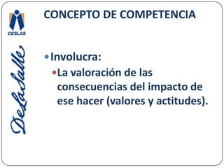CONCEPTO DE COMPETENCIAInvolucra:La valoración de las consecuencias del impacto de ese hacer (valores y actitudes). 