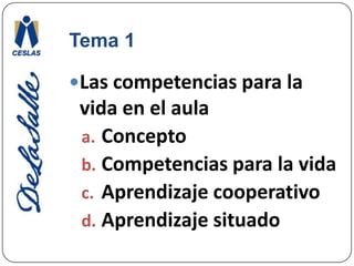 Tema 1Las competencias para la vida en el aula Concepto Competencias para la vidaAprendizaje cooperativoAprendizaje situado