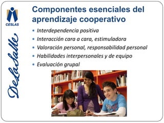 Componentes esenciales del aprendizaje cooperativoInterdependencia positivaInteracción cara a cara, estimuladoraValoración personal, responsabilidad personalHabilidades interpersonales y de equipoEvaluación grupal