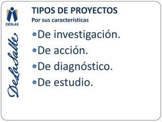 TIPOS DE PROYECTOSPor sus característicasDe investigación. De acción.De diagnóstico. De estudio. 