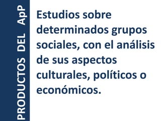 Estudios sobre determinados grupos sociales, con el análisis de sus aspectos culturales, políticos o económicos.PRODUCTOS  DEL   ApP