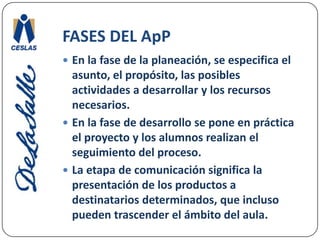 FASES DEL ApPEn la fase de la planeación, se especifica el asunto, el propósito, las posibles actividades a desarrollar y los recursos necesarios. En la fase de desarrollo se pone en práctica el proyecto y los alumnos realizan el seguimiento del proceso. La etapa de comunicación significa la presentación de los productos a destinatarios determinados, que incluso pueden trascender el ámbito del aula.