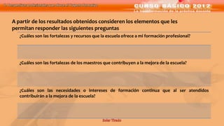 II. Perspectivas profesionales que ofrece el Trayecto formativo



     A partir de los resultados obtenidos consideren los elementos que les
     permitan responder las siguientes preguntas
          ¿Cuáles son las fortalezas y recursos que la escuela ofrece a mi formación profesional?




          ¿Cuáles son las fortalezas de los maestros que contribuyen a la mejora de la escuela?




          ¿Cuáles son las necesidades o intereses de formación continua que al ser atendidos
          contribuirán a la mejora de la escuela?
 
