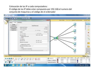 Colocación de las IP a cada computadora :
El código de las IP debe estar compuesta por 192.168.el numero del
conjunto de maquinas y el código de el ordenador
 