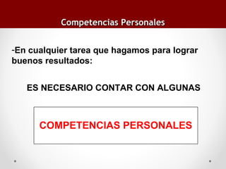 Competencias Personales
-En cualquier tarea que hagamos para lograr
buenos resultados:
ES NECESARIO CONTAR CON ALGUNAS

COMPETENCIAS PERSONALES

 