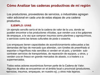 Cómo Analizar las cadenas productivas de mi región
Los productores, proveedores de servicios, o industriales agregan
valor adicional en cada una de estas etapas de una cadena
productiva.
EJEMPLO: UVAS
Un ejemplo sencillo sería el de la cadena de valor de la uva, donde se
pueden encontrar a los productores vitícolas, que venden uva a los galpones
de empaque, a la vez que compran insumos como plantines y agroquímicos,
o servicios como las tareas culturales de poda o cosecha.
Los empaques tienen capacidades de acondicionamiento adecuadas a las
demandas del tipo de mercado que atiendan, con túneles de preenfriado si
exportan o frigoríficos más sencillos si venden en el país, y también subcontratan servicios de transportistas, de reparación de equipos, u otros, y
venden uva en fresco en grande mercados de abasto, o a traders o a
supermercados.
Todos estos actores económicos forman parte de la Cadena de Valor.
Algunos de ellos se encuentran en el ámbito local o provincial (productores,
servicios, insumos, empaques, en nuestro ej), y otros más lejanos.

 