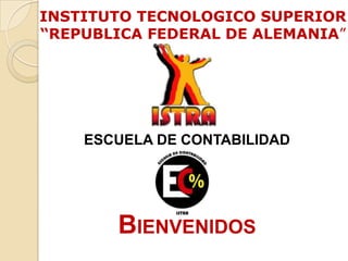 INSTITUTO TECNOLOGICO SUPERIOR
“REPUBLICA FEDERAL DE ALEMANIA”




    ESCUELA DE CONTABILIDAD




       BIENVENIDOS
 