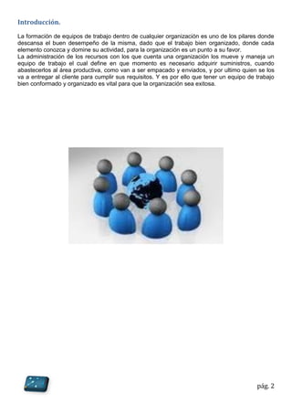 pág. 2
Introducción.
La formación de equipos de trabajo dentro de cualquier organización es uno de los pilares donde
descansa el buen desempeño de la misma, dado que el trabajo bien organizado, donde cada
elemento conozca y domine su actividad, para la organización es un punto a su favor.
La administración de los recursos con los que cuenta una organización los mueve y maneja un
equipo de trabajo el cual define en que momento es necesario adquirir suministros, cuando
abastecerlos al área productiva, como van a ser empacado y enviados, y por ultimo quien se los
va a entregar al cliente para cumplir sus requisitos. Y es por ello que tener un equipo de trabajo
bien conformado y organizado es vital para que la organización sea exitosa.
 