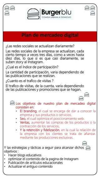 Plan de mercadeo digital
¿Las redes sociales se actualizan diariamente?
Las redes sociales de la empresa se actualizan, cada
cierto tiempo a veces tres días, como a veces hasta
diez días, lo que si es que casi diariamente, se
suben story al Instagram.
¿Cual es el índice de participación?
La cantidad de participación, varia dependiendo de
las publicaciones que se realizan.
¿Cuanto es el trafico de visitas ?
El trafico de visitas, de la cuenta, varia dependiendo
de las publicaciones y promociones que se hagan.
Los objetivos de nuestro plan de mercadeo digital
consisten en:
• El branding, el cual se encarga de dar a conocer la
empresa y sus productos o servicios.
• Seo, el cual optimiza el posicionamiento web.
• Ventas, aumentar las compras de los productos o la
contracción de los servicios.
• Y la retención y fidelización, en la cual la relación de
la empresa con los clientes se trata de afianzar,
mediante las producciones exclusivas.
Y las estrategias y tácticas a seguir para alcanzar dichos
objetivos :
• Hacer blogs educativos
• optimizar el contenido de la pagina de Instagram
• Publicación de artículos educacionales
• Actualizar el antiguo contenido
 