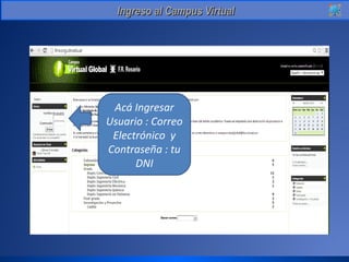 IInnggrreessoo aall CCaammppuuss VViirrttuuaall 
Acá Ingresar 
Usuario : Correo 
Electrónico y 
Contraseña : tu 
DNI 
 