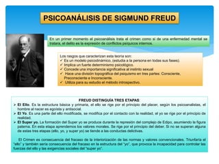 PSICOANÁLISIS DE SIGMUND FREUD
Los rasgos que caracterizan esta teoría son:
 Es un modelo psicodinámico, (estudia a la persona en todas sus fases).
 Implica un fuerte determinismo psicológico.
 Concede una importancia significativa al instinto sexual
 Hace una división topográfica del psiquismo en tres partes: Consciente,
Preconsciente e Inconsciente.
 Utiliza para su estudio el método introspectivo.
FREUD DISTINGUÍA TRES ETAPAS:
 El Ello. Es la estructura básica y primaria, el ello se rige por el principio del placer, según los psicoanalistas, el
hombre al nacer es egoísta y antisocial.
 El Yo. Es una parte del ello modificada, se modifica por el contacto con la realidad, el yo se rige por el principio de
realidad.
 El Super yo. La formación del Super yo se produce durante la represión del complejo de Edipo, asumiendo la figura
paterna. En esta etapa aprendemos los valores morales. Se rige por el principio del deber. Si no se superan alguna
de estas tres etapas (ello, yo, y super yo) se tiende a las conductas delictivas.
El Crimen es consecuencia del fracaso de la interiorización de las normas y valores convencionales. Triunfaría el
“ello” y también sería consecuencia del fracaso en la estructura del “yo”, que provoca la incapacidad para controlar las
fuerzas del ello y las exigencias sociales del “super yo”.
En un primer momento el psicoanálisis trata el crimen como si de una enfermedad mental se
tratara, el delito es la expresión de conflictos psíquicos internos.
 