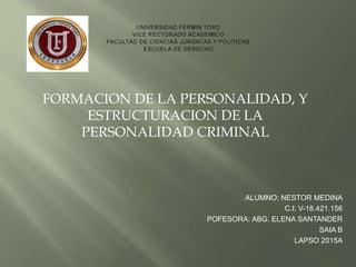 FORMACION DE LA PERSONALIDAD, Y
ESTRUCTURACION DE LA
PERSONALIDAD CRIMINAL
ALUMNO: NESTOR MEDINA
C.I: V-18.421.156
POFESORA: ABG. ELENA SANTANDER
SAIA B
LAPSO 2015A
 