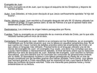 <ul><li>Evangelio de Juan </li></ul><ul><li>El cuarto evangelio es el de Juan, que no sigue el esquema de los Sinópticos y...