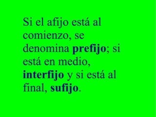 Si el afijo está al comienzo, se denomina prefijo ; si está en medio, interfijo y si está al final, sufijo .