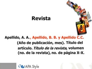 RevistaApellido, A. A.,Apellido, B. B. y Apellido C.C. Título del(Año de publicación, mes).volumenartículo.Título de larevista,(no. de la revista),no. de página X-X.