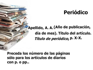 Periódico(Año de publicación, Apellido, A. A. Título del artículo.día de mes).p. X-X.Título de periódico,Preceda los número de las páginas sólo para los artículos de diarios con p. o pp..