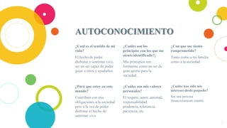AUTOCONOCIMIENTO
¿Cual es el sentido de mi
vida?
El hecho de poder
disfrutar y sentirme vivo,
ser un ser capaz de poder
guiar a otros y ayudarlos.
¿Cuáles son los
principios con los que me
siento identificado?¡
Mis principios son
formarme como un ser de
gran aporte para la
sociedad.
¿Con que me siento
comprometido?
Tanto como a mi familia
como a la sociedad.
¿Pará que estoy en este
mundo?
Contribuir con mis
obligaciones a la sociedad
pero a la vez de poder
disfrutar el hecho de
sentirme vivo
¿Cuáles son mis valores
personales?
El respeto, amor, amistad,
responsabilidad,
prudencia, tolerancia,
paciencia, etc.
¿Cuáles han sido mis
intereses desde pequeño?
Ser una persona
financieramente estable.
11
 