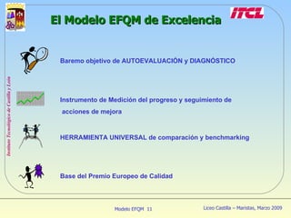 HERRAMIENTA UNIVERSAL de comparación y benchmarking Baremo objetivo de AUTOEVALUACIÓN y DIAGNÓSTICO Instrumento de Medición del progreso y seguimiento de acciones de mejora Base del Premio Europeo de Calidad El Modelo EFQM de Excelencia 