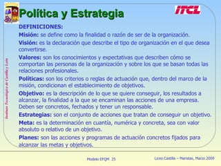 Política y Estrategia DEFINICIONES: Misión:  se define como la finalidad o razón de ser de la organización.  Visión:  es la declaración que describe el tipo de organización en el que desea convertirse. Valores:  son los conocimientos y expectativas que describen cómo se comportan las personas de la organización y sobre los que se basan todas las relaciones profesionales. Políticas:  son los criterios o reglas de actuación que, dentro del marco de la misión, condicionan el establecimiento de objetivos. Objetivo:  es la descripción de lo que se quiere conseguir, los resultados a alcanzar, la finalidad a la que se encaminan las acciones de una empresa. Deben ser concretos, fechados y tener un responsable. Estrategias:  son el conjunto de acciones que tratan de conseguir un objetivo. Meta:  es la determinación en cuantía, numérica y concreta, sea con valor absoluto o relativo de un objetivo. Planes:  son las acciones y programas de actuación concretos fijados para alcanzar las metas y objetivos.   