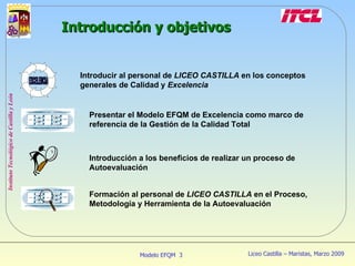 Introducción y objetivos Presentar el Modelo EFQM de Excelencia como marco de referencia de la Gestión de la Calidad Total Introducir al personal de  LICEO CASTILLA  en los conceptos generales de Calidad y  Excelencia Formación al personal de  LICEO CASTILLA  en el Proceso, Metodología y Herramienta de la Autoevaluación Introducción a los beneficios de realizar un proceso de Autoevaluación EXCELENCIA 