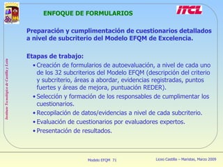 ENFOQUE DE FORMULARIOS Preparación y cumplimentación de cuestionarios detallados a nivel de subcriterio del Modelo EFQM de Excelencia. Etapas de trabajo: Creación de formularios de autoevaluación, a nivel de cada uno de los 32 subcriterios del Modelo EFQM (descripción del criterio y subcriterio, áreas a abordar, evidencias registradas, puntos fuertes y áreas de mejora, puntuación REDER). Selección y formación de los responsables de cumplimentar los cuestionarios. Recopilación de datos/evidencias a nivel de cada subcriterio. Evaluación de cuestionarios por evaluadores expertos. Presentación de resultados. 