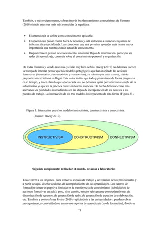 También, y más recientemente, cobran interés los planteamientos conectivistas de Siemens
(2010) siendo estas sus tesis más conocidas (y seguidas):
• El aprendizaje se define como conocimiento aplicable.
• El aprendizaje puede residir fuera de nosotros y está enfocado a conectar conjuntos de
información especializada. Las conexiones que nos permiten aprender más tienen mayor
importancia que nuestro estado actual de conocimiento.
• Requiere hacer gestión de conocimiento, dinamizar f
redes de aprendizaje, construir sobre el conocimiento personal y organización.
De todas maneras y siendo realistas, y como muy bien señala Tracey (2010) no debemos caer en
la trampa de intentar pensar que los modelos pe
formativas (instructivo, constructivista y conectivista), se substituyen unos a otros, siendo
preponderante el último en llegar. Este autor matiza que todo y presentarse de forma progresiva
en el tiempo, y tener claro lo que aporta cada uno, no debemos optar por la formula simple de la
substitución ya que en la práctica conviven los tres modelos. De hecho defiende como más
acertados los postulados instructivistas en las etapas de incorporación de los noveles a los
puestos de trabajo. La interacción de los tres modelos los representa de esta forma (Figura 33).
Figura 1. Interacción entre los modelos instructivista, constructivista y conectivista.
(Fuente: Tracey 2010).
Segundo componente:
Toca volver a los orígenes. Toca volver al espacio de trabajo y de relación de los profesionales y
a partir de aquí, diseñar acciones de acompañamiento de sus aprendizajes. Los centros de
formación tienen un papel ya limitado en la transferencia de conocimiento (subsidiarios de
acciones formativas en aula); pero, si en cambio, pueden reinventarse como plataformas de
dinamización de recursos, de generación de redes, de generación de espacios de colaboración,
etc. También y como afirma Freire (2010)
protagonismo, reconvirtiéndose en nuevos espacios de aprendizaje (no de formación), donde se
13
También, y más recientemente, cobran interés los planteamientos conectivistas de Siemens
(2010) siendo estas sus tesis más conocidas (y seguidas):
El aprendizaje se define como conocimiento aplicable.
esidir fuera de nosotros y está enfocado a conectar conjuntos de
información especializada. Las conexiones que nos permiten aprender más tienen mayor
importancia que nuestro estado actual de conocimiento.
Requiere hacer gestión de conocimiento, dinamizar flujos de información, participar en
redes de aprendizaje, construir sobre el conocimiento personal y organización.
De todas maneras y siendo realistas, y como muy bien señala Tracey (2010) no debemos caer en
la trampa de intentar pensar que los modelos pedagógicos que han inspirado las acciones
formativas (instructivo, constructivista y conectivista), se substituyen unos a otros, siendo
preponderante el último en llegar. Este autor matiza que todo y presentarse de forma progresiva
ro lo que aporta cada uno, no debemos optar por la formula simple de la
substitución ya que en la práctica conviven los tres modelos. De hecho defiende como más
acertados los postulados instructivistas en las etapas de incorporación de los noveles a los
estos de trabajo. La interacción de los tres modelos los representa de esta forma (Figura 33).
Figura 1. Interacción entre los modelos instructivista, constructivista y conectivista.
(Fuente: Tracey 2010).
Segundo componente: rediseñar el modelo, de aulas a laboratorios
Toca volver a los orígenes. Toca volver al espacio de trabajo y de relación de los profesionales y
a partir de aquí, diseñar acciones de acompañamiento de sus aprendizajes. Los centros de
papel ya limitado en la transferencia de conocimiento (subsidiarios de
acciones formativas en aula); pero, si en cambio, pueden reinventarse como plataformas de
dinamización de recursos, de generación de redes, de generación de espacios de colaboración,
c. También y como afirma Freire (2010) –aplicándolo a las universidades–, pueden cobrar
protagonismo, reconvirtiéndose en nuevos espacios de aprendizaje (no de formación), donde se
También, y más recientemente, cobran interés los planteamientos conectivistas de Siemens
esidir fuera de nosotros y está enfocado a conectar conjuntos de
información especializada. Las conexiones que nos permiten aprender más tienen mayor
lujos de información, participar en
redes de aprendizaje, construir sobre el conocimiento personal y organización.
De todas maneras y siendo realistas, y como muy bien señala Tracey (2010) no debemos caer en
dagógicos que han inspirado las acciones
formativas (instructivo, constructivista y conectivista), se substituyen unos a otros, siendo
preponderante el último en llegar. Este autor matiza que todo y presentarse de forma progresiva
ro lo que aporta cada uno, no debemos optar por la formula simple de la
substitución ya que en la práctica conviven los tres modelos. De hecho defiende como más
acertados los postulados instructivistas en las etapas de incorporación de los noveles a los
estos de trabajo. La interacción de los tres modelos los representa de esta forma (Figura 33).
Figura 1. Interacción entre los modelos instructivista, constructivista y conectivista.
rediseñar el modelo, de aulas a laboratorios
Toca volver a los orígenes. Toca volver al espacio de trabajo y de relación de los profesionales y
a partir de aquí, diseñar acciones de acompañamiento de sus aprendizajes. Los centros de
papel ya limitado en la transferencia de conocimiento (subsidiarios de
acciones formativas en aula); pero, si en cambio, pueden reinventarse como plataformas de
dinamización de recursos, de generación de redes, de generación de espacios de colaboración,
, pueden cobrar
protagonismo, reconvirtiéndose en nuevos espacios de aprendizaje (no de formación), donde se
 