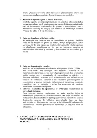 16
inversa (flippedclassroom) u otras derivadas de planteamientos activos que
otorguen un papel protagonista a los participantes aún son útiles.
2- Acciones de aprendizaje en el puesto de trabajo.
Son todas aquellas acciones implementadas con una clara intencionalidad de
proveer aprendizaje en el propio puesto de trabajo. Están muy relacionadas
con las herramientas tradicionales de gestión el conocimiento, con el
denominado learning by doing y con fórmulas de aprendizaje informal.
(Véanse las tablas 1, 2, y 3 del punto 3).
3- Entornos de colaboración/ cocreación.
La estrategia más conocida son las comunidades de práctica. También,
como no, se integran los grupos de trabajo, trabajo por proyectos, action
learning, etc. En este espacio de colaboración/cocreación estaría soportado
en plataformas tecnológicas en las que se integraran espacios de
comunicación asíncronos y síncronos y herramientas de cocreacion (p.e.
wikis).
4- Entornos de contenidos curados.
Vendría a ser un equivalente a los Content Management System ( CMS).
Para hacer viable esta estrategia, sería necesario habilitar en los
Departamentos de formación una nueva figura profesional. Ésta se situaría a
medio camino entre el e-moderador de comunidades de práctica y el
formador tradicional. Su nuevo perfil se completaría con atribuciones en
curación de contenidos. Vendrían a ser verdaderos gestores/agentes de
conocimiento y estarían entrenados en funciones de curación de contenidos
específicos para la profesión y serían los encargados de mantener
actualizados estos espacios digitales.
5- Entornos extendidos de aprendizaje y estrategias intencionales de
aprendizaje informal.
Estos entornos estarían conformados por todos aquellos flujos de
conocimiento que se derivan de las herramientas 2.O. y que envuelven a los
profesionales. Estamos hablando de blogs corporativos, newsletters, listas de
distribución, recursos de biblioteca especializada, bases de datos
profesionales,etc. Finalmente en esta capa se incluiría también el desarrollo
sistemático de entornos personales de aprendizaje (PLES) para todos los
integrantes.
6. A MODO DE CONCLUSIÓN: LOS TRES ELEMENTOS
ESENCIALES EN LA FORMACIÓN EN EL PUESTO DE
TRABAJO.
 