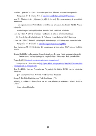 22
Martinez J. y Ochoa M (2011). 20 acciones para hacer relevante la formación corporativa.
Recuperada el 7 de octubre 2011 de http://www.slideshare.net/marti/20-acciones-
Mas, X.; Martinez J.A.; y Guinard, M. (2010). La web 2.0. como entorno de aprendizaje
informal en
las organizaciones: Posibilidades y modelos de aplicación. En Gairin, J.(Ed.). Nuevas
estrategias
formativas para las organizaciones. WoltersKuwer Educación. Barcelona.
Mas, X.; y Lara P. (2011). Orientació i tendències de futur en la formació en línea.
En Gros,B .(Ed.). Evolució i reptes de l’educació virtual. Editorial UOC. Barcelona.
Ochoa, M. (2010). V Jornades e-learning en la formació per a l’ocupació a les administracions
Recuperado el 6 de octubre en http://blocs.gencat.cat/blocs/AppPHP/
Ruiz Gutierrrez, M. (2013) Gestión del conocimiento e innovación. INAP Innova. Netbiblo.
Madrid
Schön, D.(1992). La Formación de profesionales reflexivos: Hacia un nuevo diseño de
la enseĦanza y el aprendizaje en las profesiones. Barcelona. Ediciones Paidós
Tracey R. (2010)Instructivism, constructivism or connectivism?
Recuperado el 5 de octubre de http://ryan2point0.wordpress.com/2009/03/17/instructivism-
constructivism-or-connectivism/
Reig D. (2010). Entornos Personales de Aprendizaje En Gairin, J.(Ed.) Nuevas estrategias
formativas
para las organizaciones. WoltersKuwerEducacion. Barcelona.
Senge, P. The Fifth Discipline.New York: Doubleday, 1990.
Vigotsky, L. (1988). El desarrollo de los procesos psicológicos superiores. México: Editorial
Crítica,
Grupo editorial Grijalbo.
 