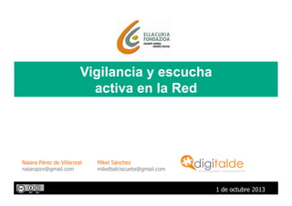 Vigilancia y escucha
activa en la Red
1 de octubre 2013
Naiara Pérez de Villarreal
naiarapzv@gmail.com
Mikel Sánchez
mikelbalciscueta@gmail.com
 