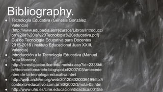 Bibliography.
● Tecnología Educativa (Génesis González
Valencia)
(http://www.edupedia.es/recursos/Libros/Introducci
on%20a%20la%20Tecnologia%20educativa.pdf)
● Guí de Tecnología Educativa para Docentes
2015-2016 (Instituto Educacional Juan XXIII,
Valencia)
● Introducción a la Tecnología Educativa (Manuel
Area Moreira)
● http://investigacion.ilce.edu.mx/stx.asp?id=2338htt
p://tecnoinfomariehr.blogspot.cl/2007/03/antecede
ntes-de-la-tecnologa-educativa.html
● http://web.archive.org/web/20120802003649/http://
contexto-educativo.com.ar:80/2002/3/nota-05.htm
● http://www.uhu.es/cine.educacion/didactica/0015te
 