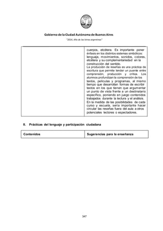 Gobierno de la Ciudad Autónoma de Buenos Aires
“2014, Año de las letras argentinas”
cuerpos, etcétera. Es importante poner
énfasis en los distintos sistemas simbólicos:
lenguaje, movimientos, sonidos, colores,
etcétera y su complementariedad en la
construcción del sentido.
La producción de reseñas es una práctica de
escritura que permite tender un puente entre
comprensión, producción y crítica. Los
alumnos profundizan la comprensión de los
textos, películas y programas, al mismo
tiempo que desarrollan formas de escribir
textos en los que tienen que argumentar
un punto de vista frente a un destinatario
específico, poniendo en juego contenidos
trabajados durante la lectura y el análisis.
En la medida de las posibilidades de cada
curso y escuela, sería importante hacer
circular las reseñas fuera del aula a otros
potenciales lectores o espectadores.
II. Prácticas del lenguaje y participación ciudadana
Contenidos Sugerencias para la enseñanza
347
 