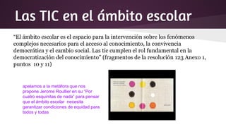 Las TIC en el ámbito escolar
“El ámbito escolar es el espacio para la intervención sobre los fenómenos
complejos necesarios para el acceso al conocimiento, la convivencia
democrática y el cambio social. Las tic cumplen el rol fundamental en la
democratización del conocimiento” (fragmentos de la resolución 123 Anexo 1,
puntos 10 y 11)
apelamos a la metáfora que nos
propone Jerome Roullier en su “Por
cuatro esquinitas de nada” para pensar
que el ámbito escolar necesita
garantizar condiciones de equidad para
todos y todas
 