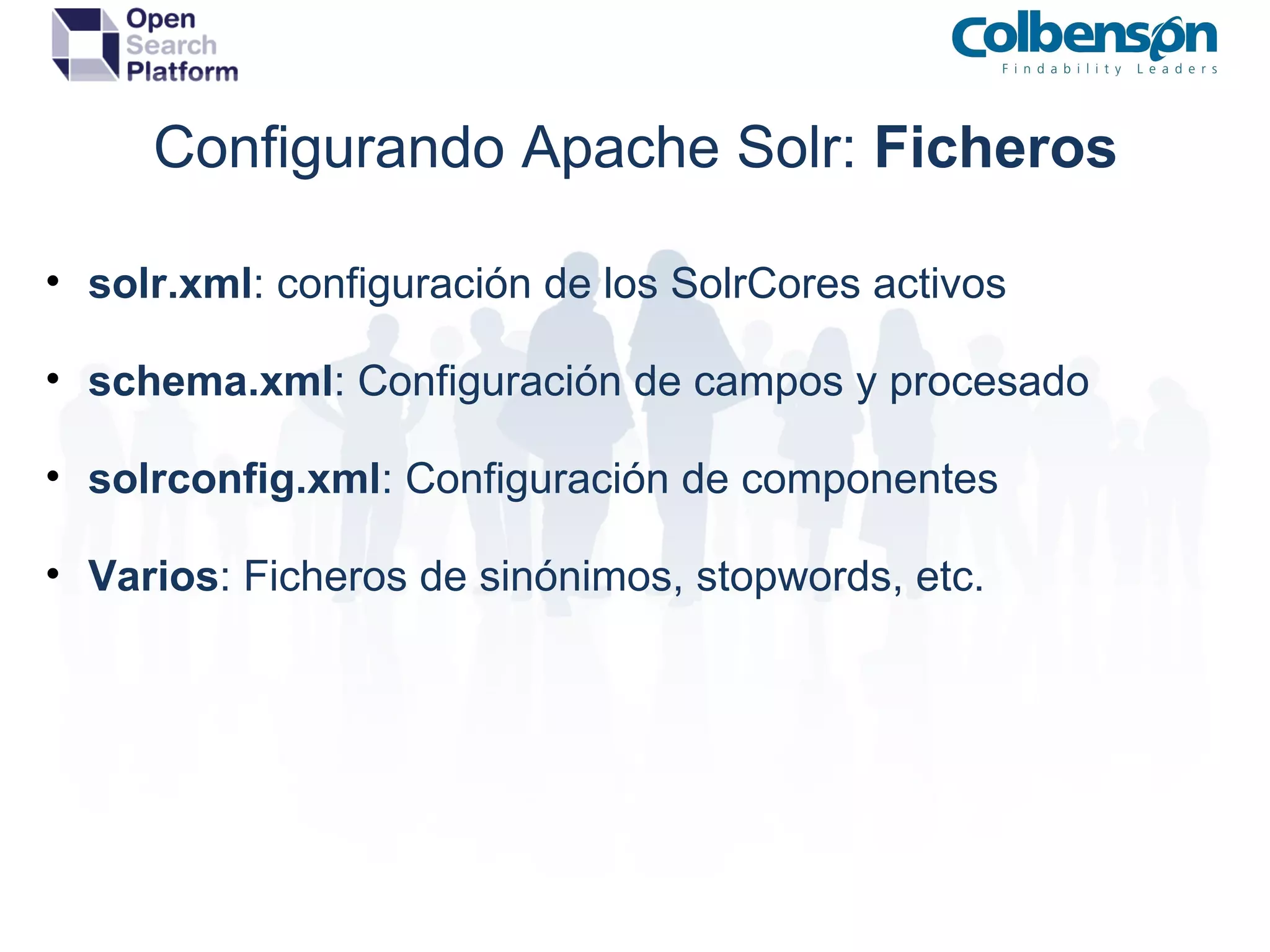 Configurando Apache Solr:  Ficheros solr.xml : configuración de los SolrCores activos schema.xml : Configuración de campos y procesado solrconfig.xml : Configuración de componentes Varios : Ficheros de sinónimos, stopwords, etc. 