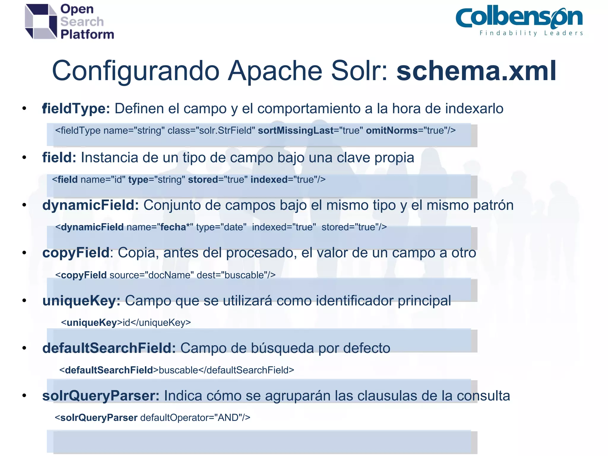 Configurando Apache Solr:  schema.xml field ﻿ Type:  Definen el campo y el comportamiento a la hora de indexarlo         <fieldType name=&quot;string&quot; class=&quot;solr.StrField&quot;  sortMissingLast =&quot;true&quot;  omitNorms =&quot;true&quot;/> field:  Instancia de un tipo de campo bajo una clave propia            < field  name=&quot;id&quot;  type =&quot;string&quot;  stored =&quot;true&quot;  indexed =&quot;true&quot;/> dynamicField:  Conjunto de campos bajo el mismo tipo y el mismo patrón                   < dynamicField  name=&quot; fecha* &quot; type=&quot;date&quot;  indexed=&quot;true&quot;  stored=&quot;true&quot;/>   copyField ﻿ :   Copia, antes del procesado, el valor de un campo a otro                  < copyField  source=&quot;docName&quot; dest=&quot;buscable&quot;/> uniqueKey:  Campo que se utilizará como identificador principal                  < uniqueKey >id</uniqueKey> defaultSearchField:  Campo de búsqueda por defecto                  < defaultSearchField >buscable</defaultSearchField> solrQueryParser:  Indica cómo se agruparán las clausulas de la consulta                 < solrQueryParser  defaultOperator=&quot;AND&quot;/> 