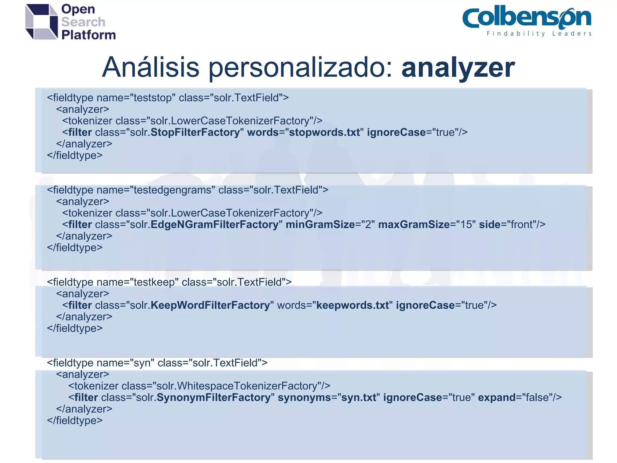 Análisis personalizado:  analyzer <fieldtype name=&quot;teststop&quot; class=&quot;solr.TextField&quot;>     <analyzer>       <tokenizer class=&quot;solr.LowerCaseTokenizerFactory&quot;/>       < filter  class=&quot;solr. StopFilterFactory &quot;  words =&quot; stopwords.txt &quot;  ignoreCase =&quot;true&quot;/>     </analyzer> </fieldtype> <fieldtype name=&quot;testedgengrams&quot; class=&quot;solr.TextField&quot;>     <analyzer>       <tokenizer class=&quot;solr.LowerCaseTokenizerFactory&quot;/>       < filter  class=&quot;solr. EdgeNGramFilterFactory &quot;  minGramSize =&quot;2&quot;  maxGramSize =&quot;15&quot;  side =&quot;front&quot;/>     </analyzer> </fieldtype> <fieldtype name=&quot;testkeep&quot; class=&quot;solr.TextField&quot;>     <analyzer>       < filter  class=&quot;solr. KeepWordFilterFactory &quot; words=&quot; keepwords.txt &quot;  ignoreCase =&quot;true&quot;/>     </analyzer> </fieldtype> <fieldtype name=&quot;syn&quot; class=&quot;solr.TextField&quot;>     <analyzer>         <tokenizer class=&quot;solr.WhitespaceTokenizerFactory&quot;/>         < filter  class=&quot;solr. SynonymFilterFactory &quot;  synonyms =&quot; syn.txt &quot;  ignoreCase =&quot;true&quot;  expand =&quot;false&quot;/>     </analyzer> </fieldtype> 