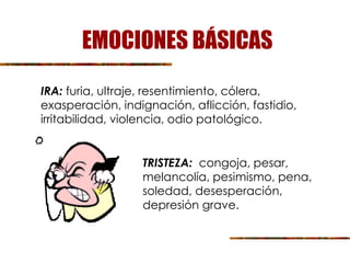 EMOCIONES BÁSICAS
IRA: furia, ultraje, resentimiento, cólera,
exasperación, indignación, aflicción, fastidio,
irritabilidad, violencia, odio patológico.
TRISTEZA: congoja, pesar,
melancolía, pesimismo, pena,
soledad, desesperación,
depresión grave.
 