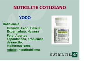 NUTRILITE COTIDIANO

          YODO
Deficiencia
  Granada, León, Galicia,
  Extremadura, Navarra
  Feto: Abortos
  espontáneos, problemas
  desarrollo,
  malformaciones
  Adulto: hipotiroidismo
 