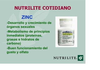 NUTRILITE COTIDIANO
         ZINC
-Desarrollo y crecimiento de
órganos sexuales
-Metabolismo de principios
inmediatos (proteínas,
grasas e hidratos de
carbono)
-Buen funcionamiento del
gusto y olfato
 
