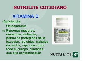 NUTRILITE COTIDIANO
       VITAMINA D
-Deficiencia:
  Osteoporosis
  Personas mayores,
  embarazo, lactancia,
  personas protegidas de la
  luz solar, recluidas, trabajos
  de noche, ropa que cubre
  todo el cuerpo, ciudades
  con alta contaminación
 