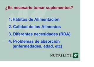 ¿Es necesario tomar suplementos?

 1. Hábitos de Alimentación
 2. Calidad de los Alimentos
 3. Diferentes necesidades (RDA)
 4. Problemas de absorción
    (enfermedades, edad, etc)
 