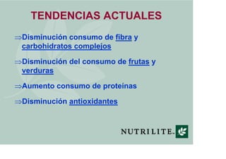 TENDENCIAS ACTUALES
Disminución consumo de fibra y
carbohidratos complejos

Disminución del consumo de frutas y
verduras

Aumento consumo de proteínas

Disminución antioxidantes
 