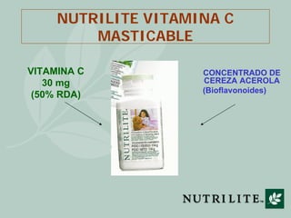 NUTRILITE VITAMINA C
         MASTICABLE

VITAMINA C           CONCENTRADO DE
   30 mg             CEREZA ACEROLA
                     (Bioflavonoides)
 (50% RDA)
 