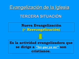 Evangelización de la Iglesia TERCERA SITUACIÓN Nueva Evangelización (= Reevangelización) Es la actividad evangelizadora que se dirige a  "los que ya no"  son cristianos. 