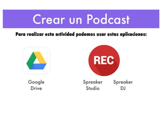 Crear un Podcast
Para realizar esta actividad podemos usar estas aplicaciones:
Google
Drive
Spreaker
Studio
Spreaker
DJ
 